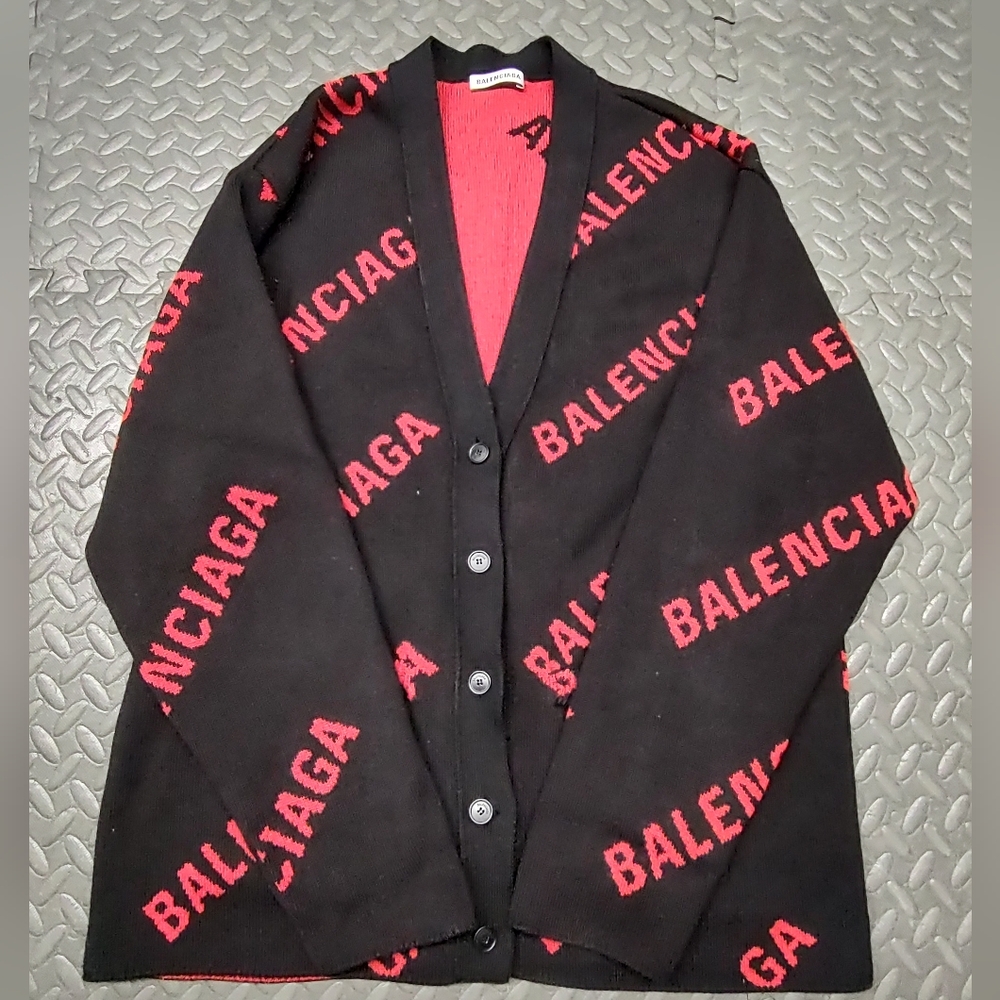 BALENCIAGA Logo Intarsia Knit Cardigan Sweater